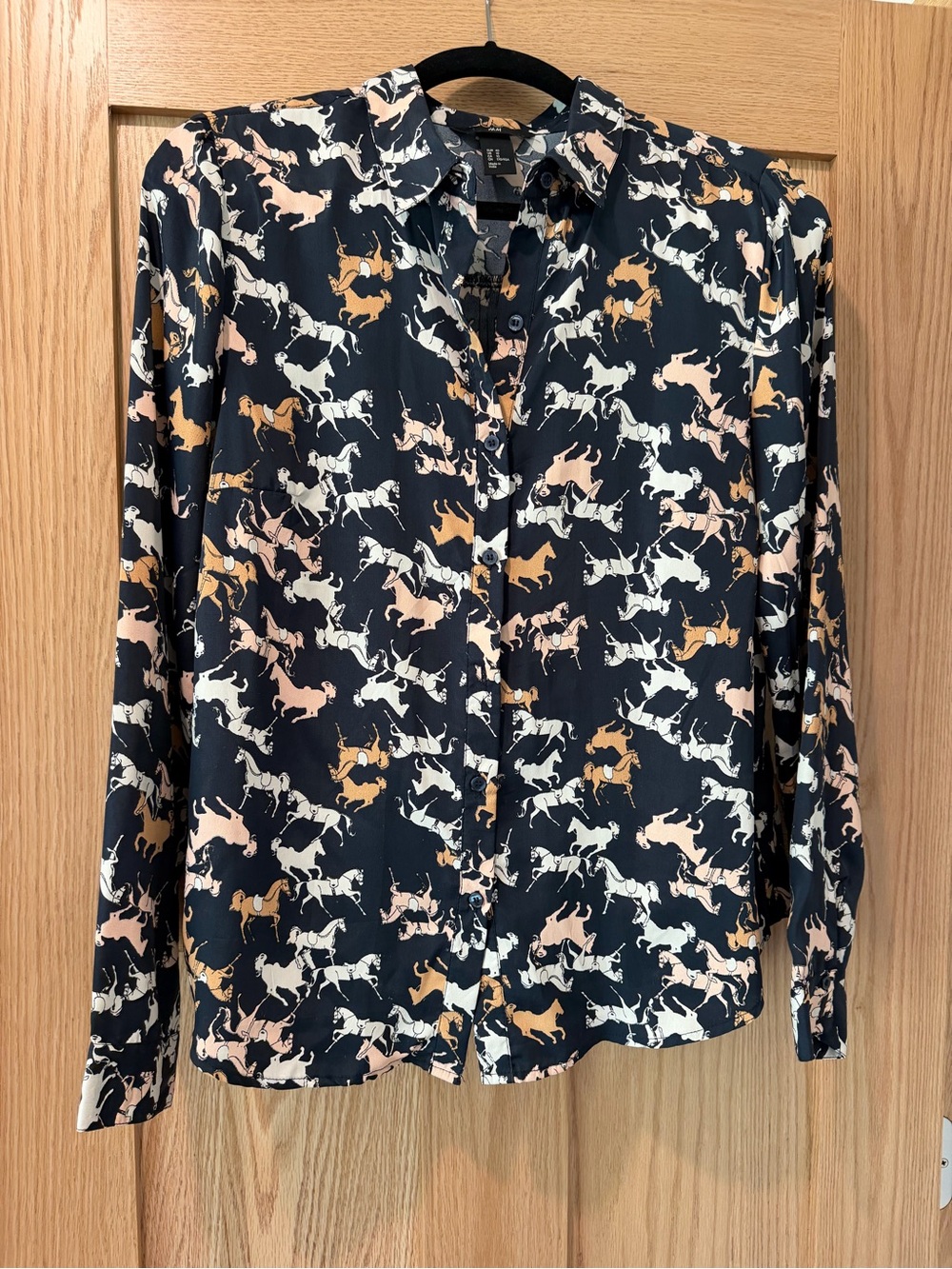 H&M Navy Button-Down Shirt with Cream & Tan Horse Print